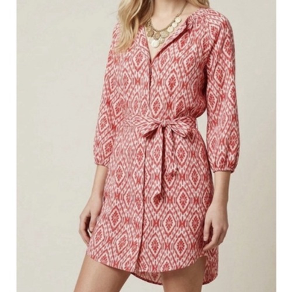 MAEVE Ikat Shirt Dress Small Red White Anthropologie Lightweight Smocked